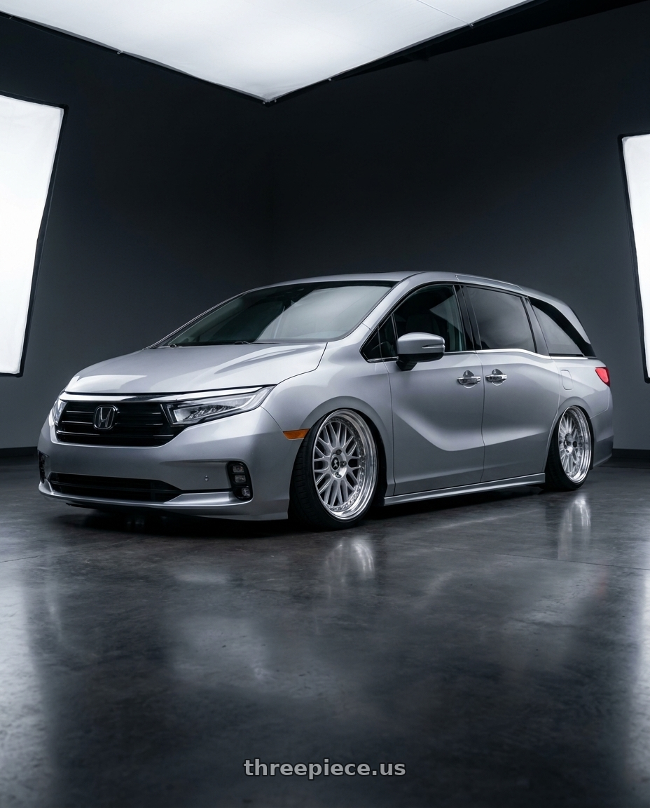 2024 Honda Odyssey Elite with Work Vs-Xx 5x120 20x7.5+30 R Disk Light Grey Silver wheels front three quarter view slammed stance