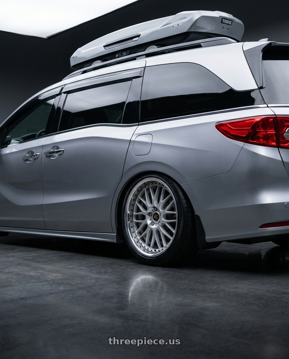 2024 Honda Odyssey Elite with Work Vs-Xx 5x120 20x7.5+30 R Disk Light Grey Silver wheels rear three quarter view slight stretch tires