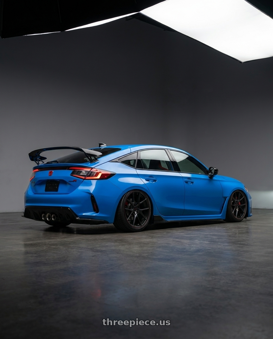 2023 Civic type r with Rotiform 1PC R139 KPS 5X114.3 18X9.5 +35 MATTE BLACK wheels rear three quarter view slight stretch tires