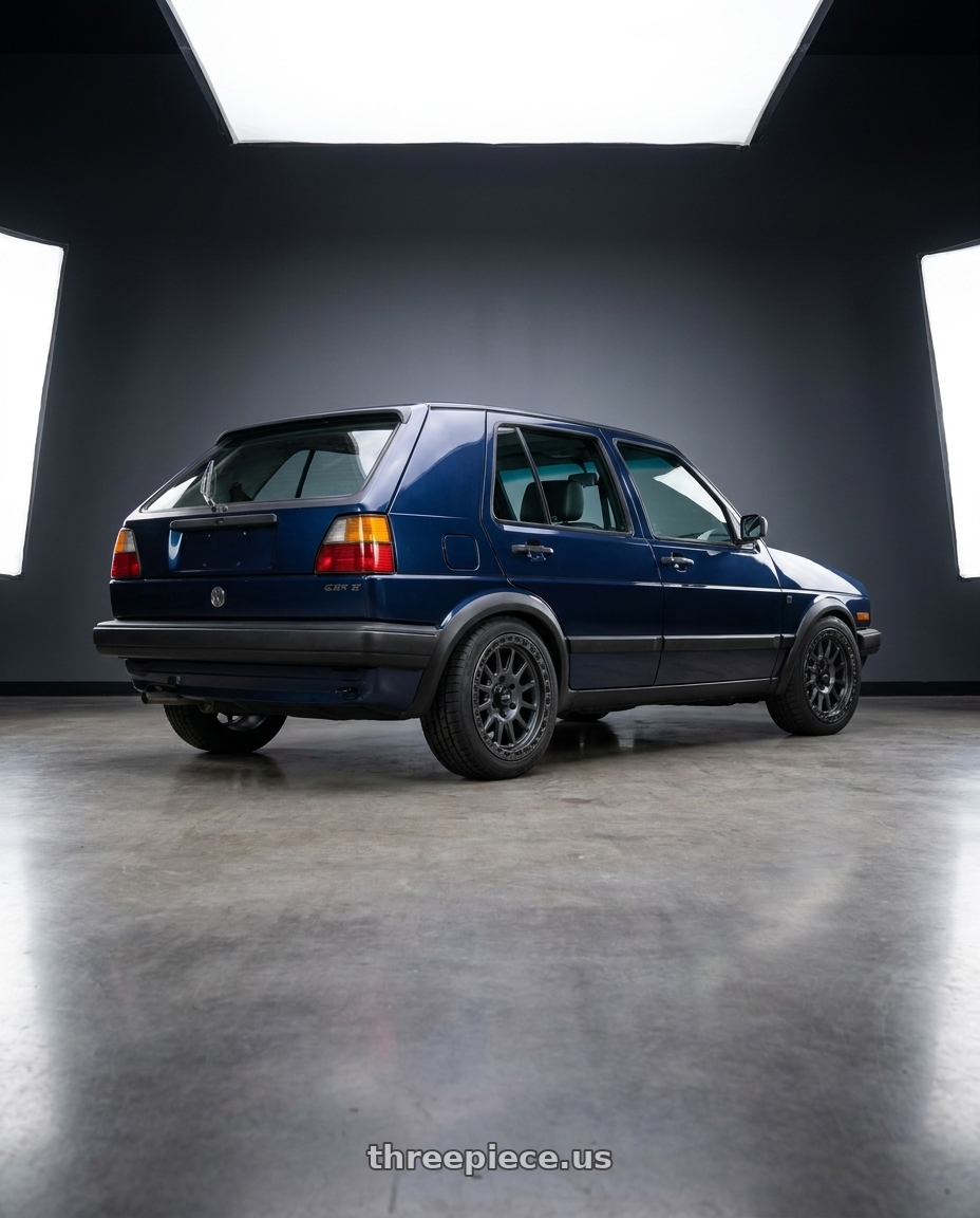 1989 vw golf mk2 hatchback , dark blue with MVX OFFROAD VX12 6X135 17x9 +0 Matte Graphite wheels rear three quarter view square tires