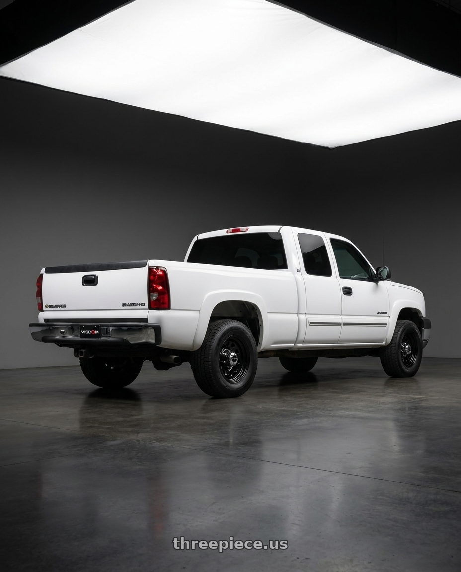 2002 chevy silverado 2500hd with Vision HD 84H 8x165.1 16x8-6 Gloss Black wheels rear three quarter view square tires