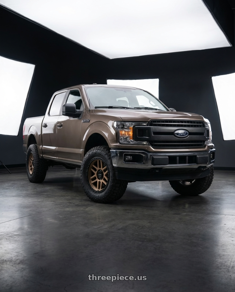 2019 Ford F-150 with KMC KM544 MESA 6X135 20X9 +18 MATTE BRONZE WITH BLACK LIP wheels front three quarter view stock stance