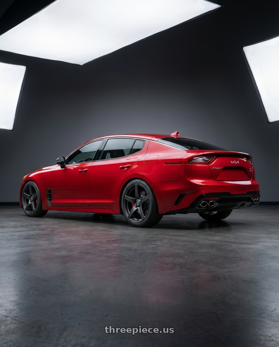 2022 Kia Stinger GT with Forgestar CF5 5x114.3 19x9.5 +29 Satin Black wheels rear three quarter view square tires
