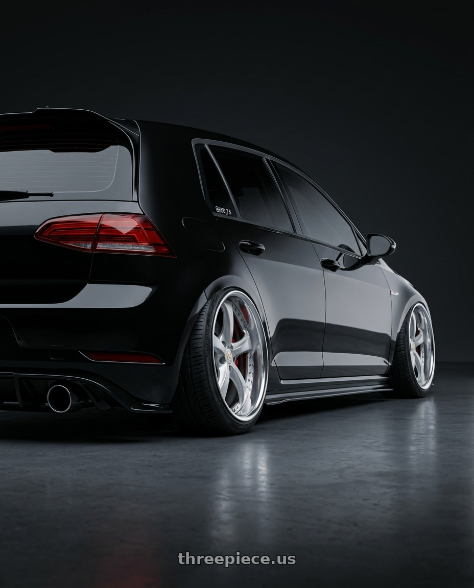 2018 VW GTI with Work Wheels VS-KF 5x100 18x8.5+34 Light Grey Silver A Disk FULL REVERSE wheels rear three quarter view slight stretch tires