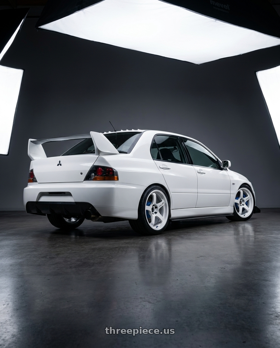 2007 mitbishi evo 9 mr with hks ct200mr wide body kit,pure white paint,blue brake, with Advan Racing GT PV 5x114.3 20x10.0 +35 RACING WHITE wheels rear three quarter view square tires