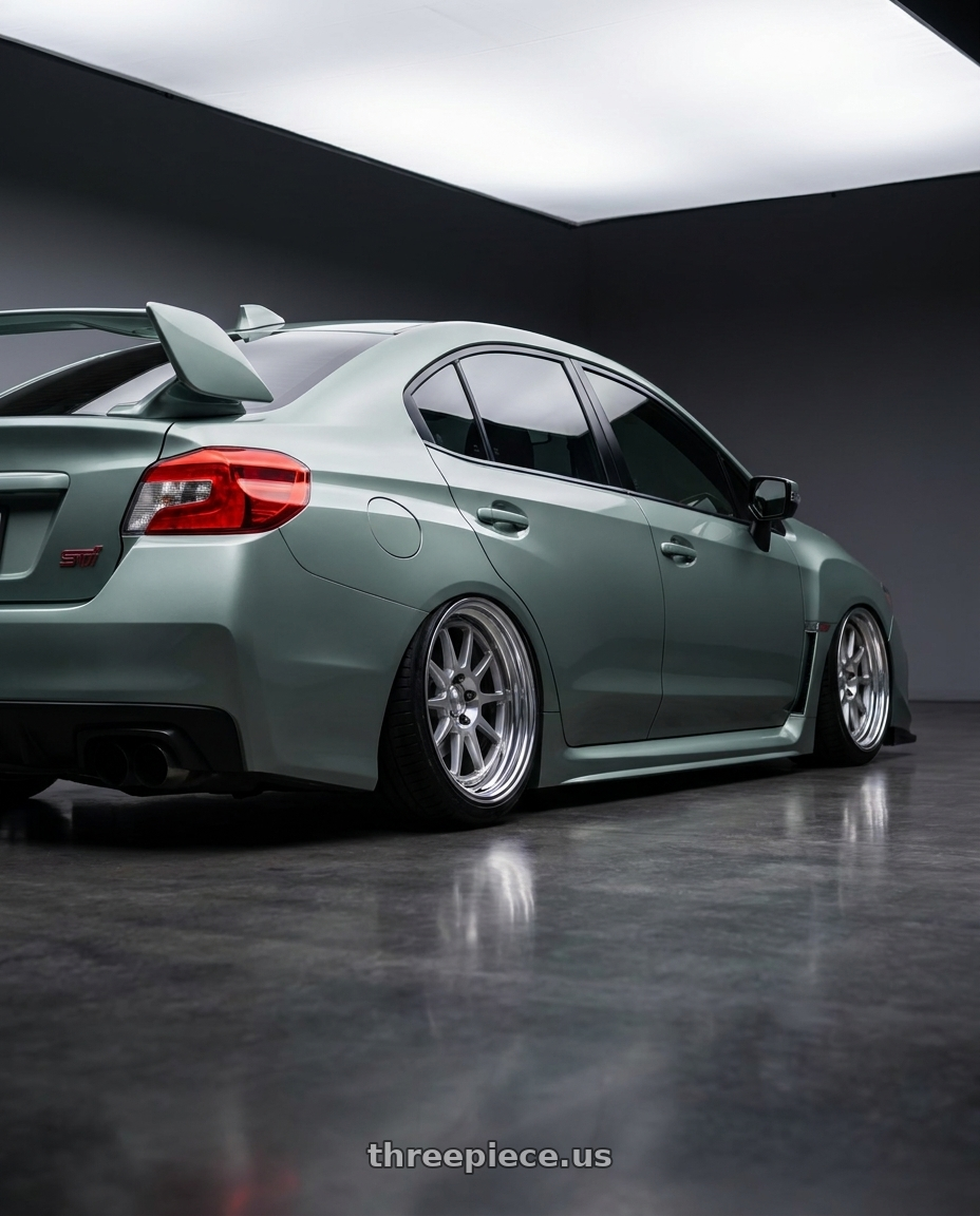 2021 Subaru sti millennium jade  with Work Seeker Fx 5x114.3 18x8.5+45 A Disk Matte Silver Polish wheels rear three quarter view extreme stretch tires