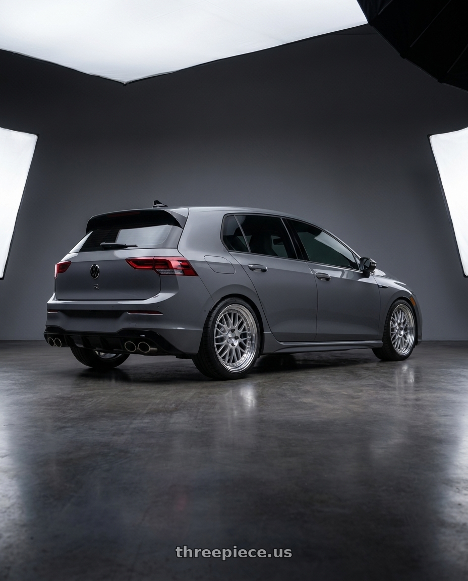 2026 Volkswagen Golf R Graphite with Work Meister M1 3p 5x112 18x8.5+45 O Disk Silver wheels rear three quarter view square tires