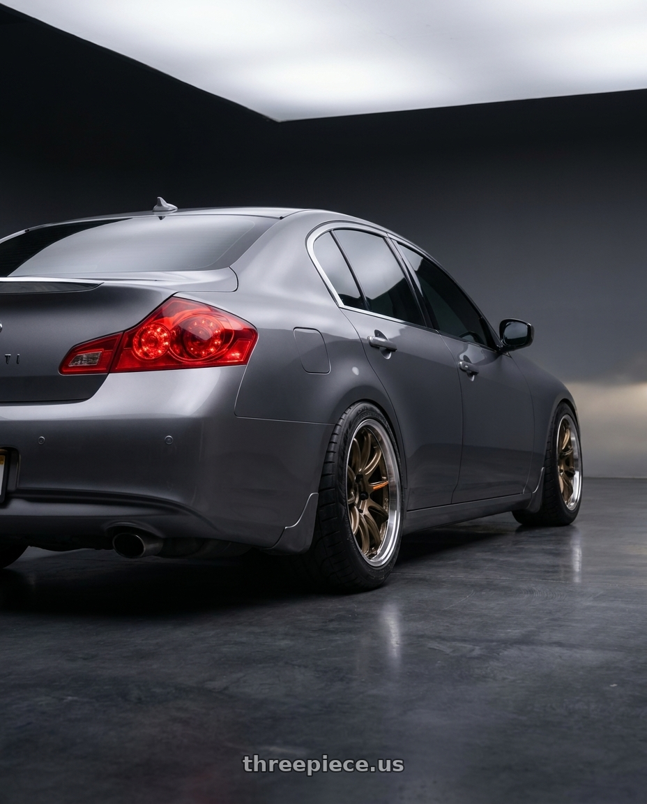 2012 infiniti g37 with Work Emotion Zr10 5x100 18x10.5 +22 Titanium Diamond Lip Cut wheels rear three quarter view meaty tires