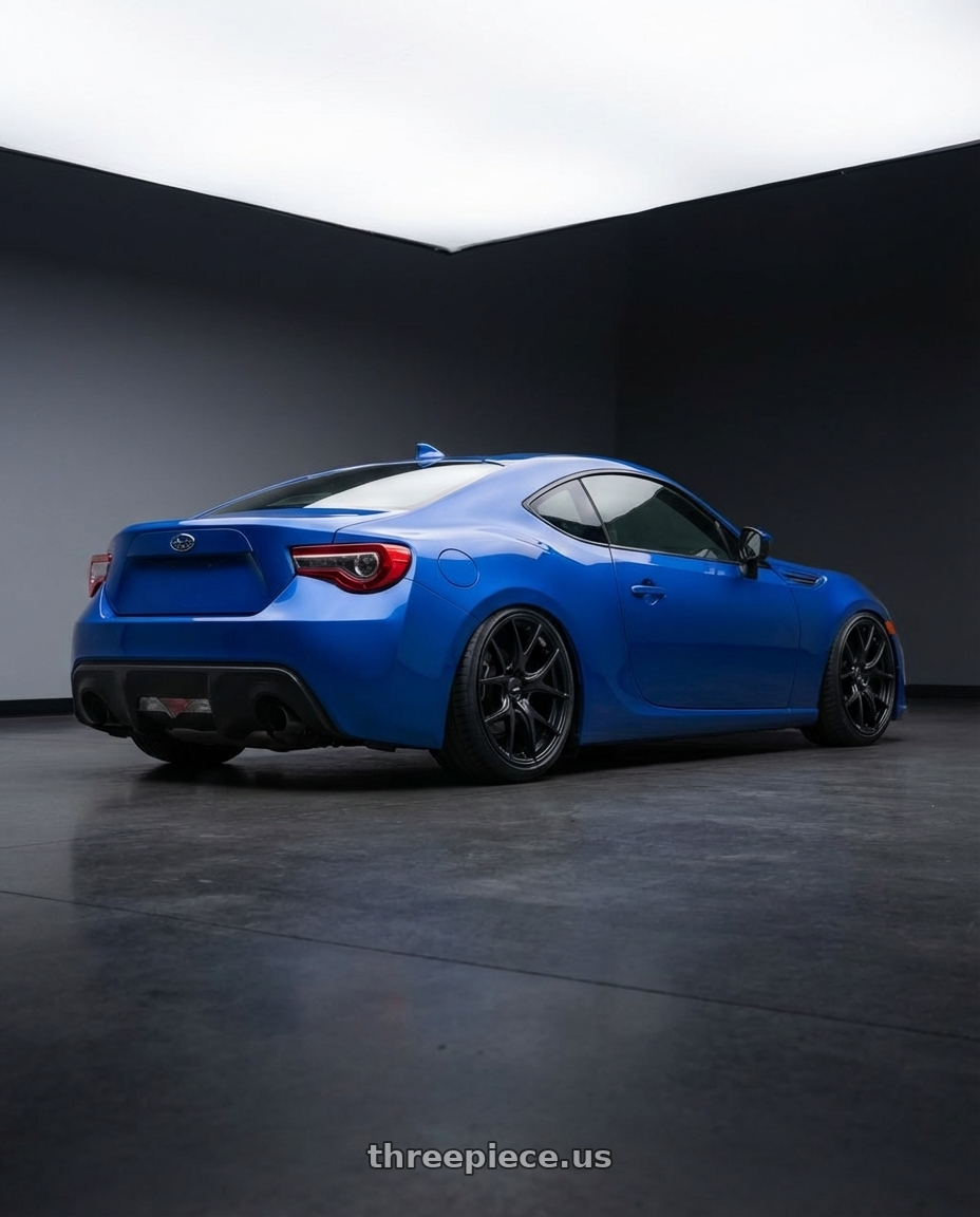 2017 Subaru BRZ with Ssr Gtv03 5x100 18x7.5+48  FLAT BLACK wheels rear three quarter view slight stretch tires