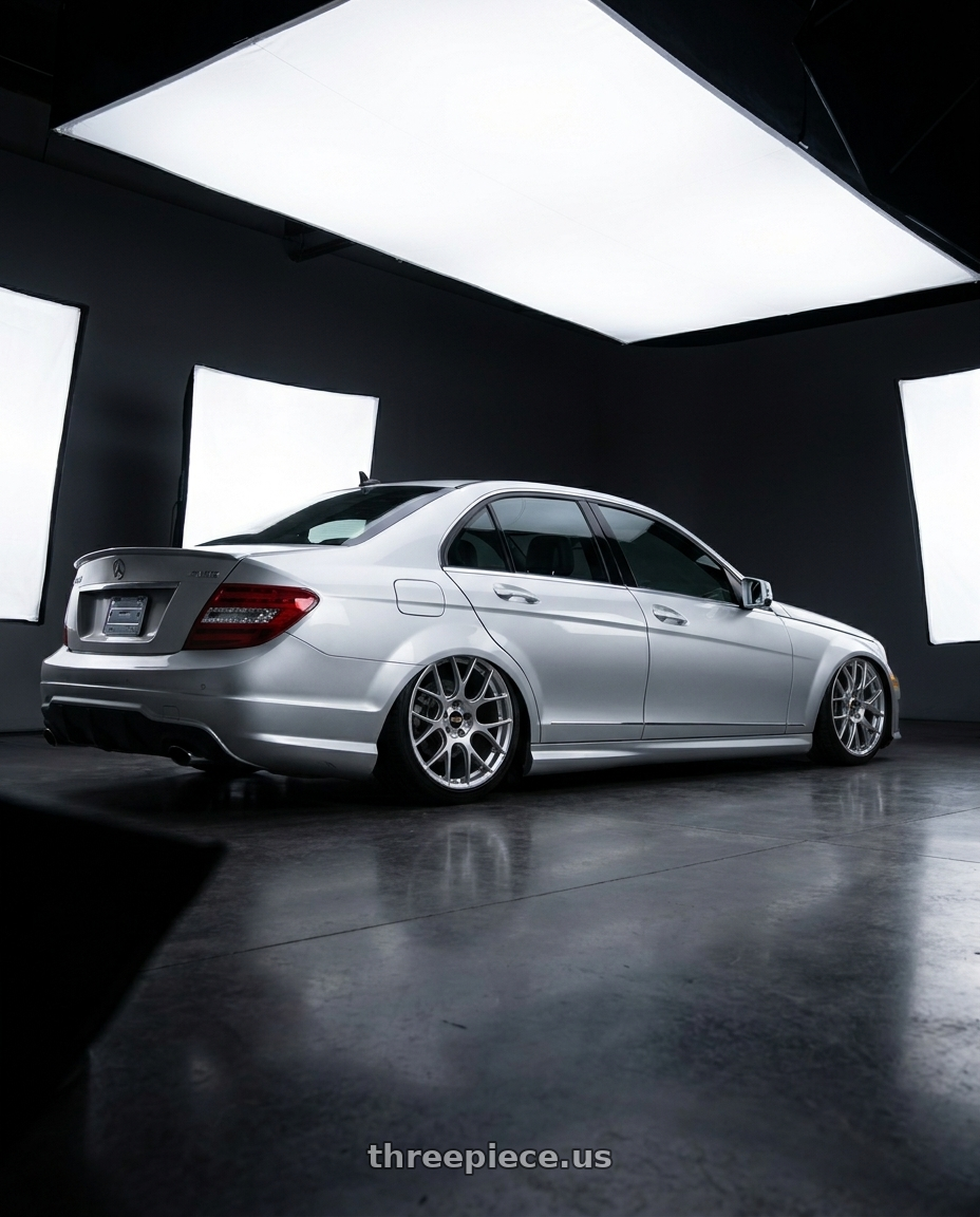2012 Amg c250 with BBS RE-V7 5x112 18x8.5 +36 Diamond Silver wheels rear three quarter view slight stretch tires