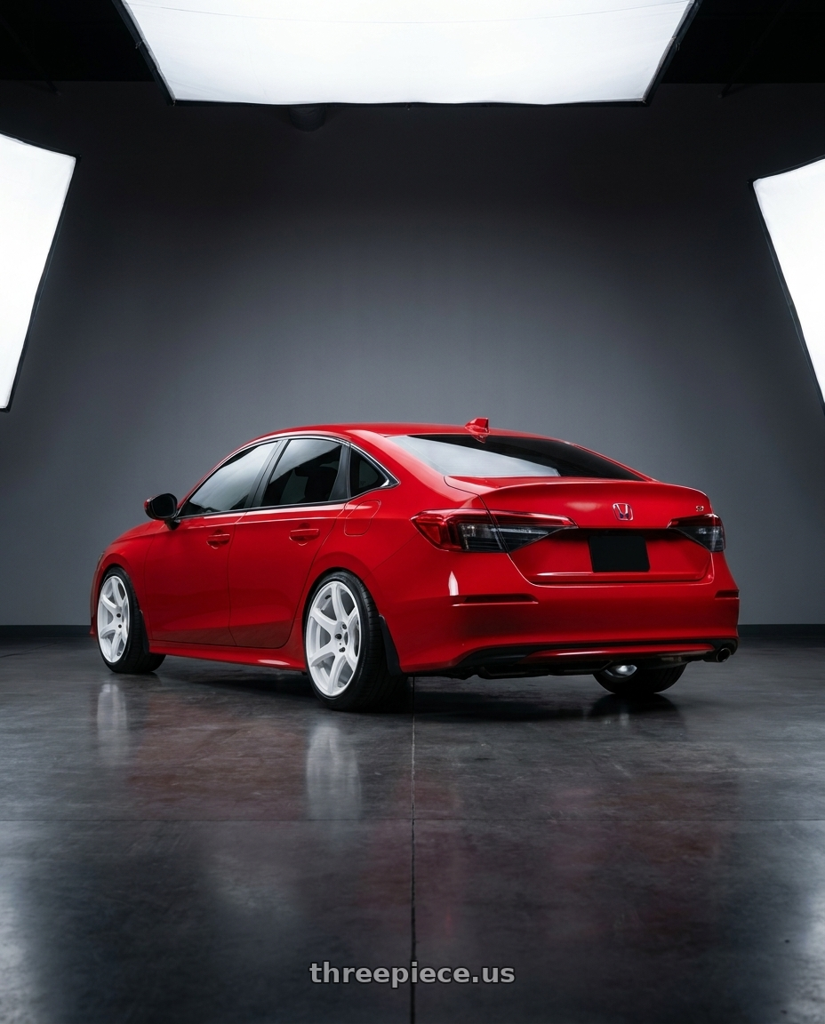2026 Honda Civic Si with Work Emotion T7r 5x100 18x9.5 +30 White wheels rear three quarter view slight stretch tires