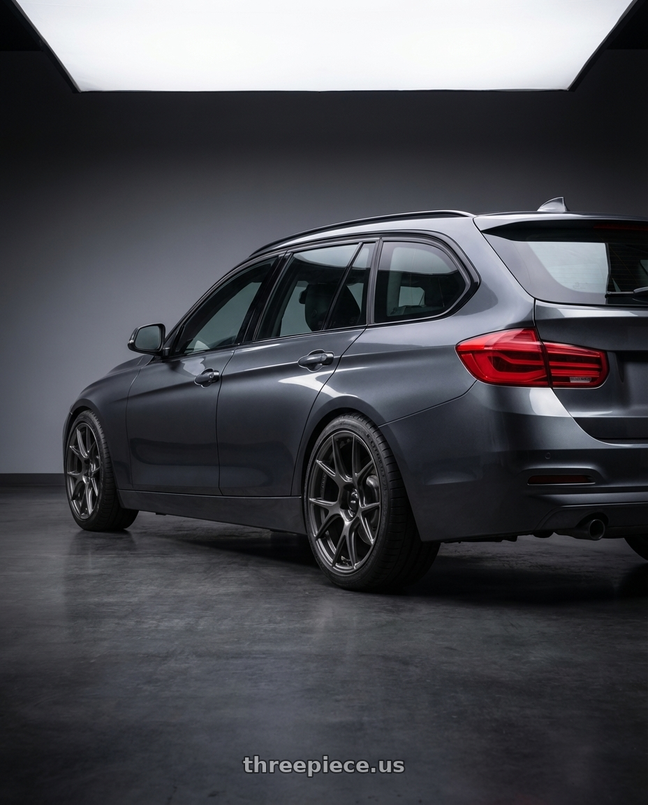 2016 BMW 3 Series F30 with Konig Ampliform 5x120 19x10+28 Dark Metallic Graphite wheels rear three quarter view square tires