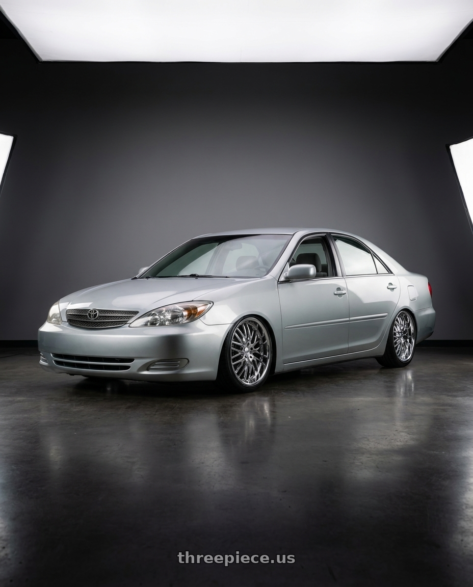2004 Toyota Camry with TSW SNETTERTON 5X114.3 17X8 +20 CHROME wheels front three quarter view stanced stance