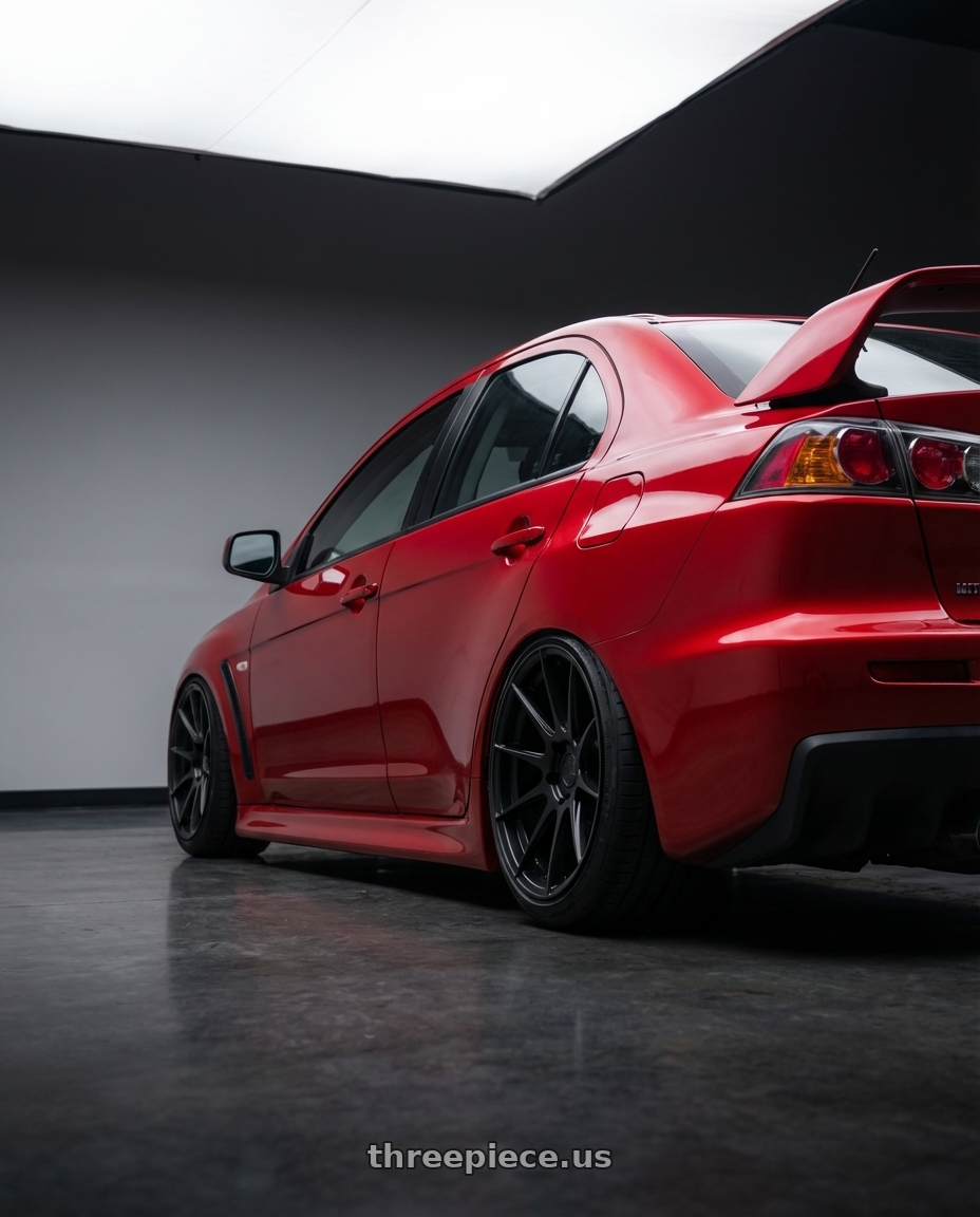 2012 Mitsubishi Lancer Evo X with Aodhan AH09 5x114.3 18x8.5 +35 Matte Black wheels rear three quarter view slight stretch tires