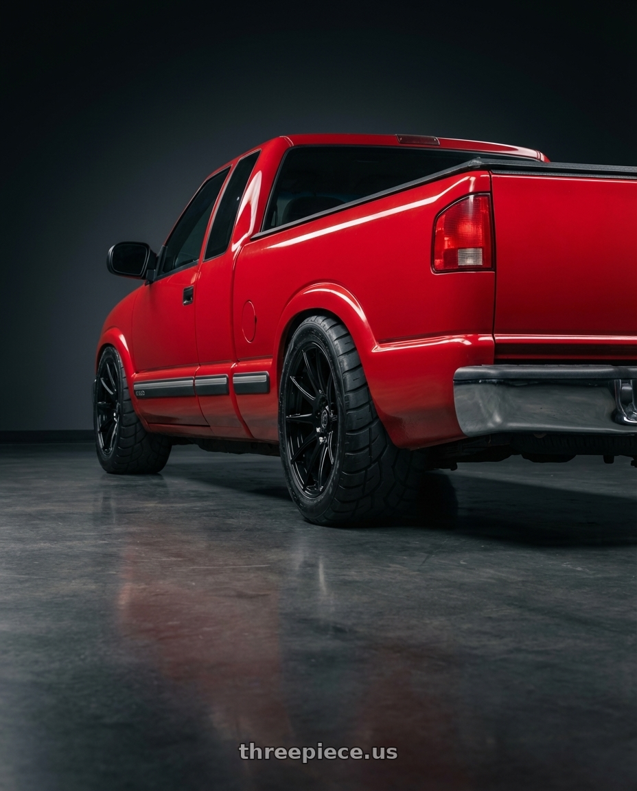 1998 Chevrolet S10 with Forgestar CF10 5x120.65 20x12 +50 Gloss Black wheels rear three quarter view meaty tires