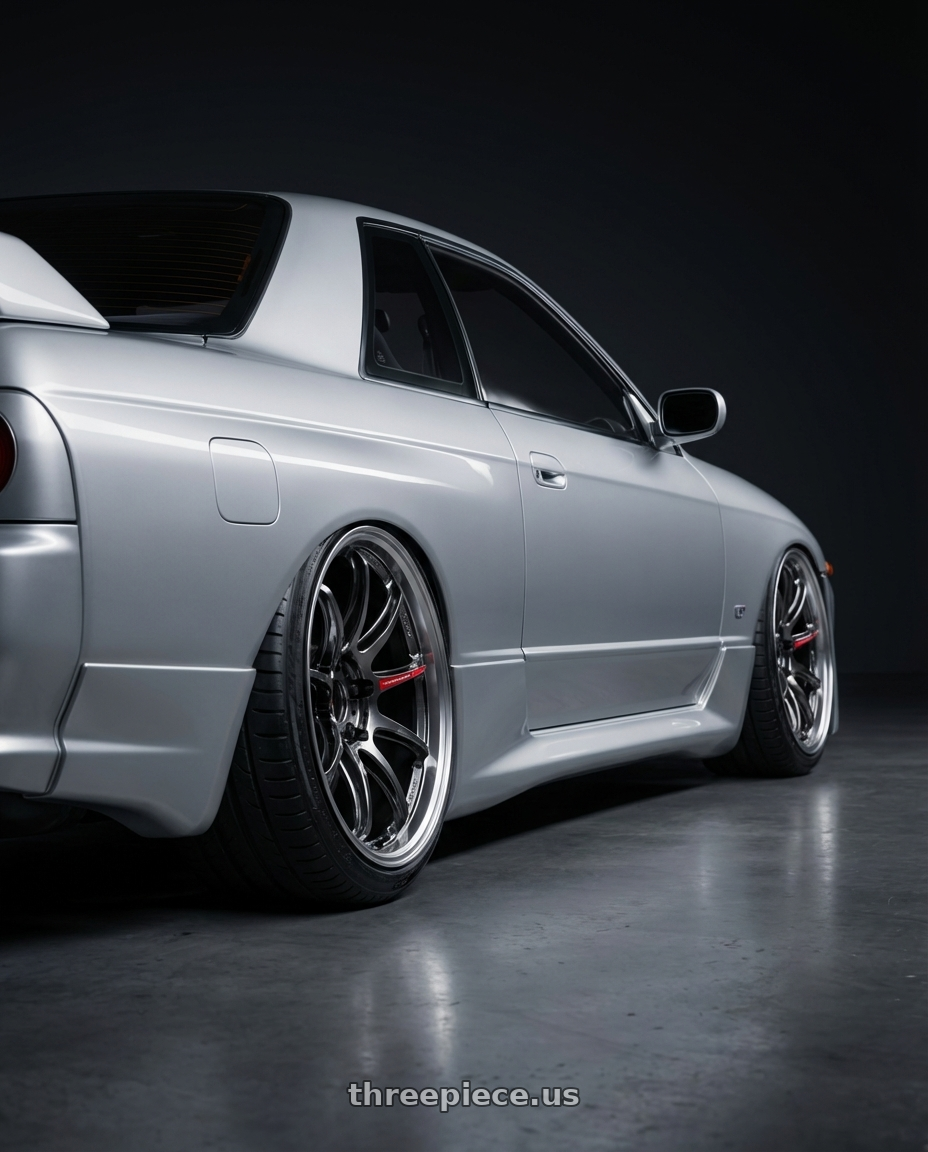 1993 Nissan Skyline with Work Emotion Zr10 5x100 18x10.5 +12 Glim Black Diamond Rim cut wheels rear three quarter view extreme stretch tires