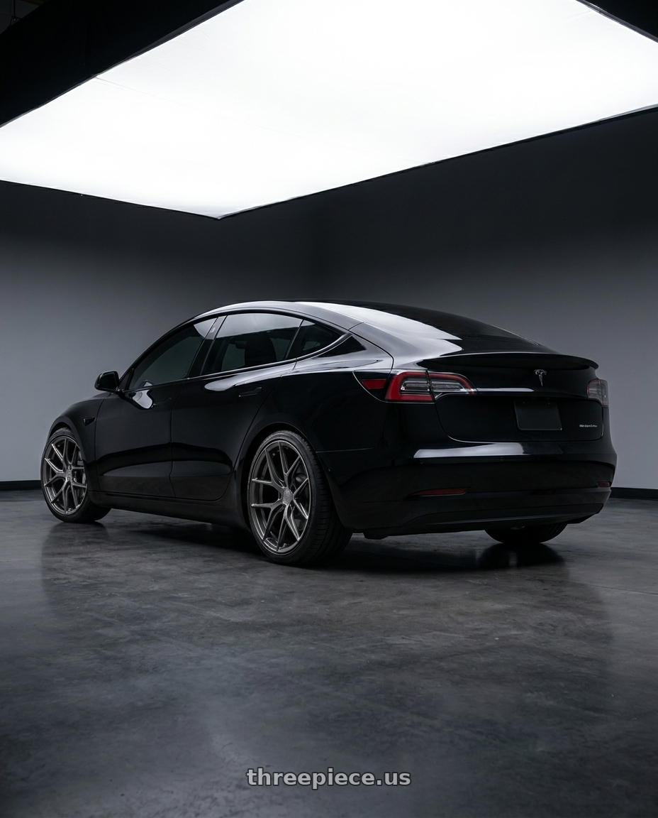 2019 tesla 3 performance with Avant Garde Wheels M580R BLANK 20x9 +BLANK Dark Graphite Metallic wheels rear three quarter view square tires