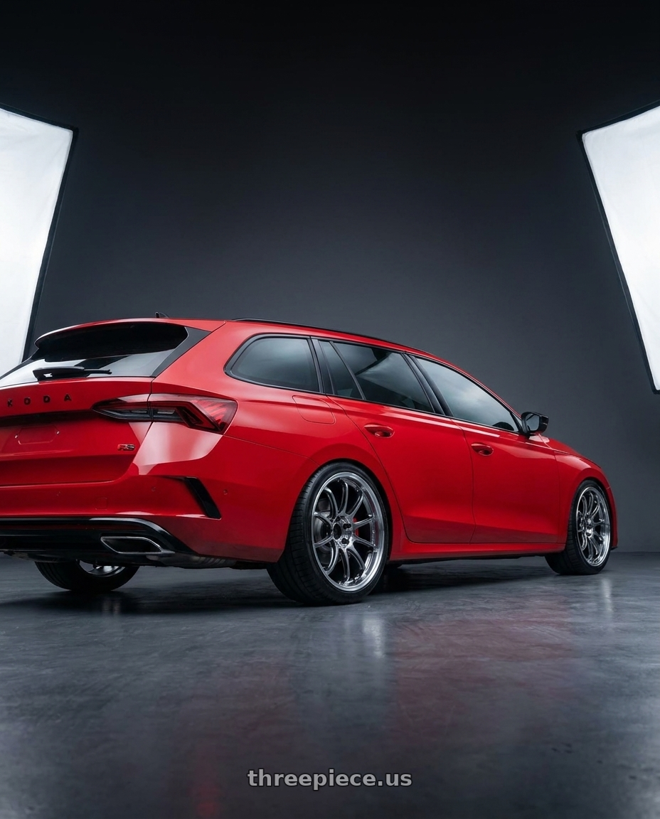 2024 Octavia RS with Advan Racing RZ-DF2 5x112 19x8.5 +45 DIAMOND CUT & HYPER PLATINUM BLACK wheels rear three quarter view square tires