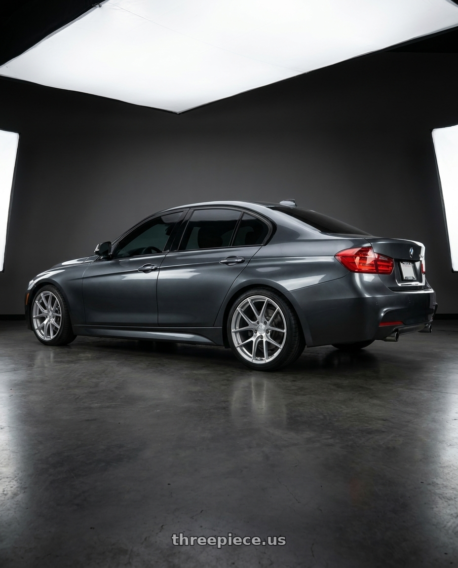 2013 BMW 335i with Aodhan AFF7 5x120 19x8.5+35 Gloss Silver Machined Face wheels rear three quarter view square tires