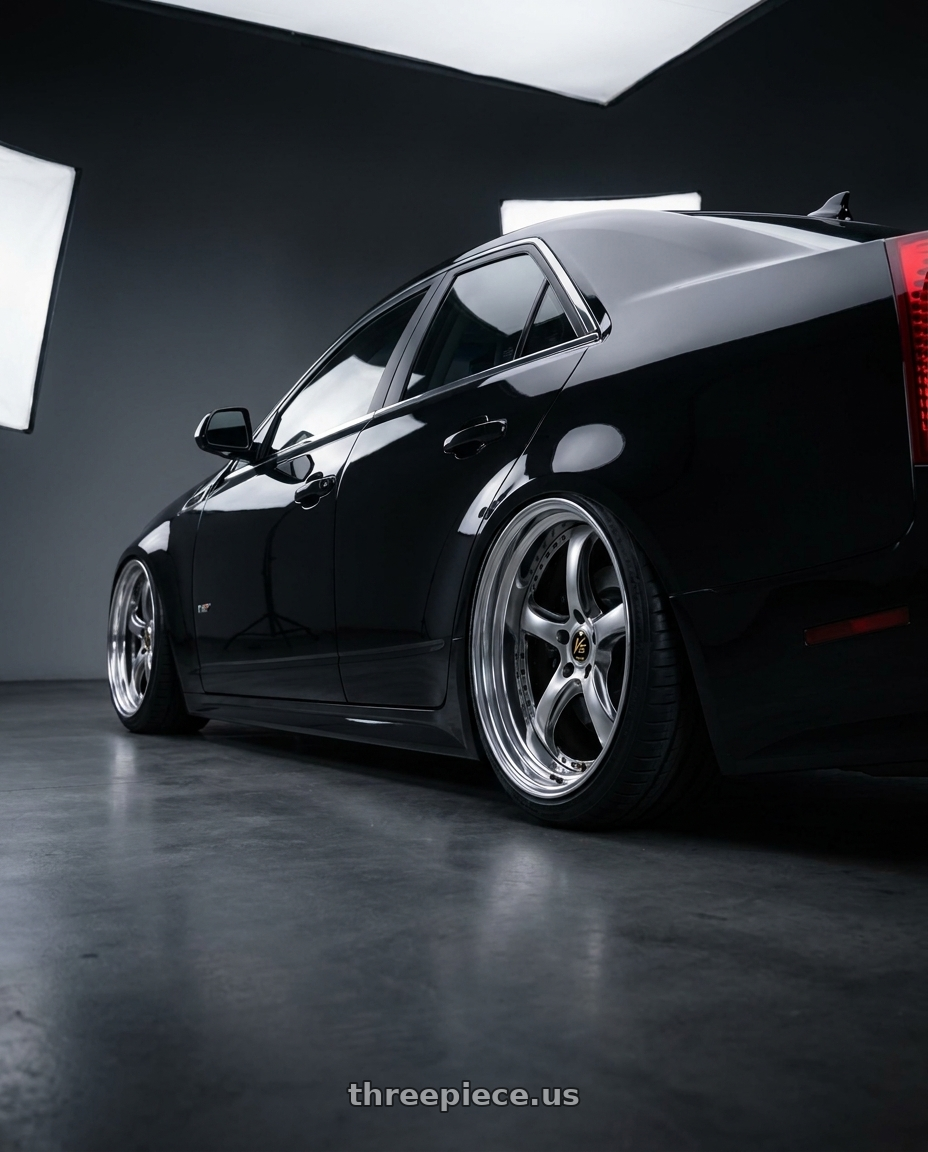 2010 Cadillac CTS-V with Work Wheels VS-KF 5x120 19x9+53 Brilliant Silver Black A Disk FULL REVERSE wheels rear three quarter view square tires
