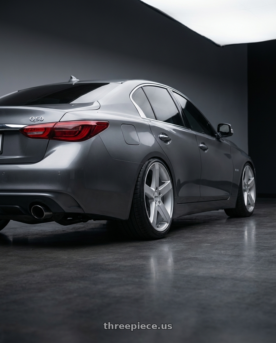 2020 Infiniti Q50 Sport with Petrol P3B 5X100 15X6.5 +38 GLOSS SILVER wheels rear three quarter view square tires