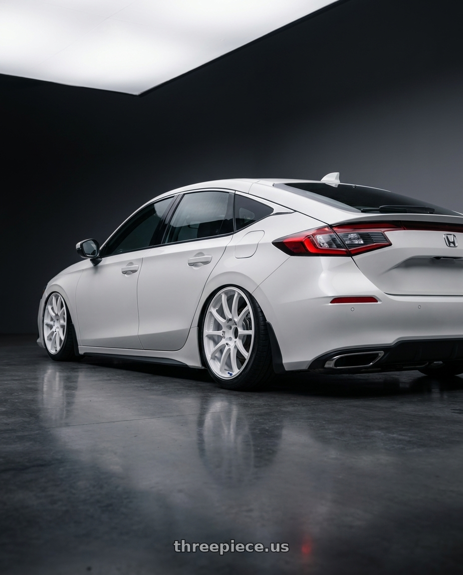 2024 Honda Civic with Advan RCIII 5x114.3 18x8.5+53 White wheels rear three quarter view slight stretch tires