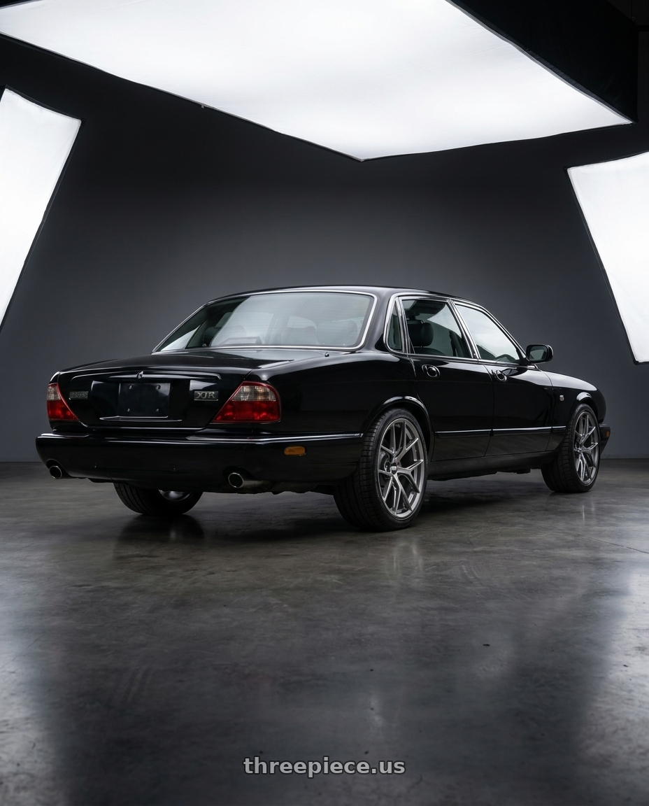 2003 Jaguar x308 XJR with BBS FI-R 5x112 20x9.0+35 Gloss Platinum wheels rear three quarter view square tires