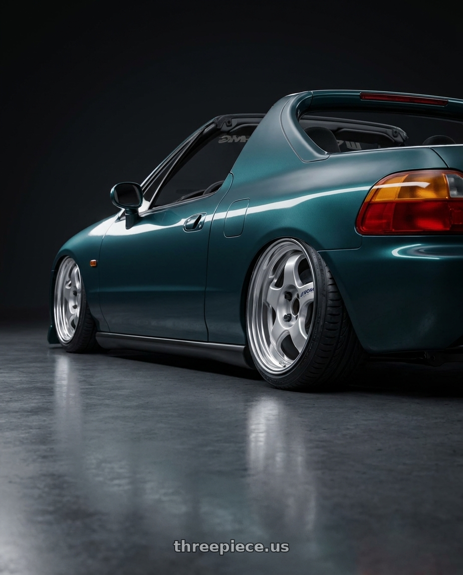 1993 honda del sol with Work Meister S1 2P 4x100 15x6.5+38 A Disk Silver wheels rear three quarter view slight stretch tires