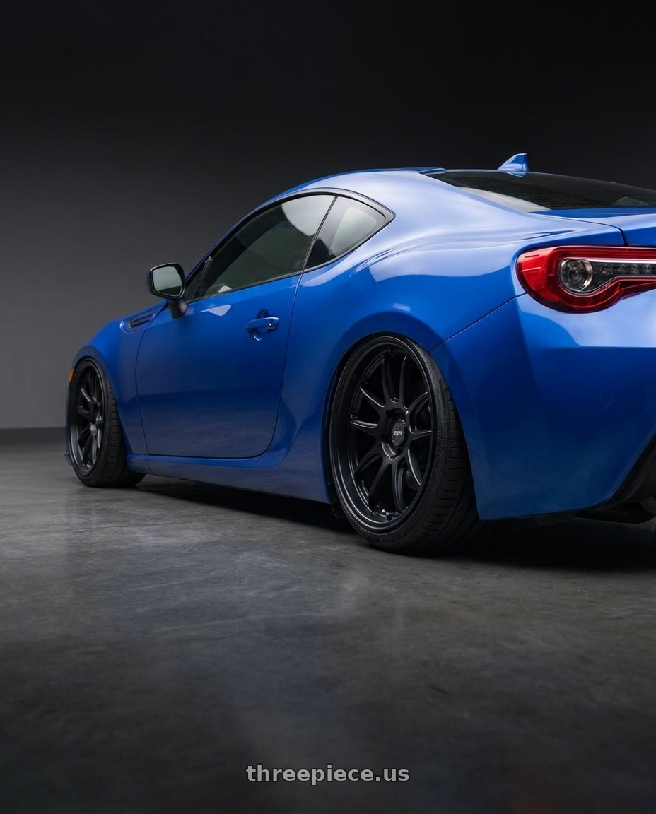 2017 Subaru BRZ with ESR Wheels APEX SERIES AP8 5x100 18x9.5 +35 Matte Black wheels rear three quarter view slight stretch tires