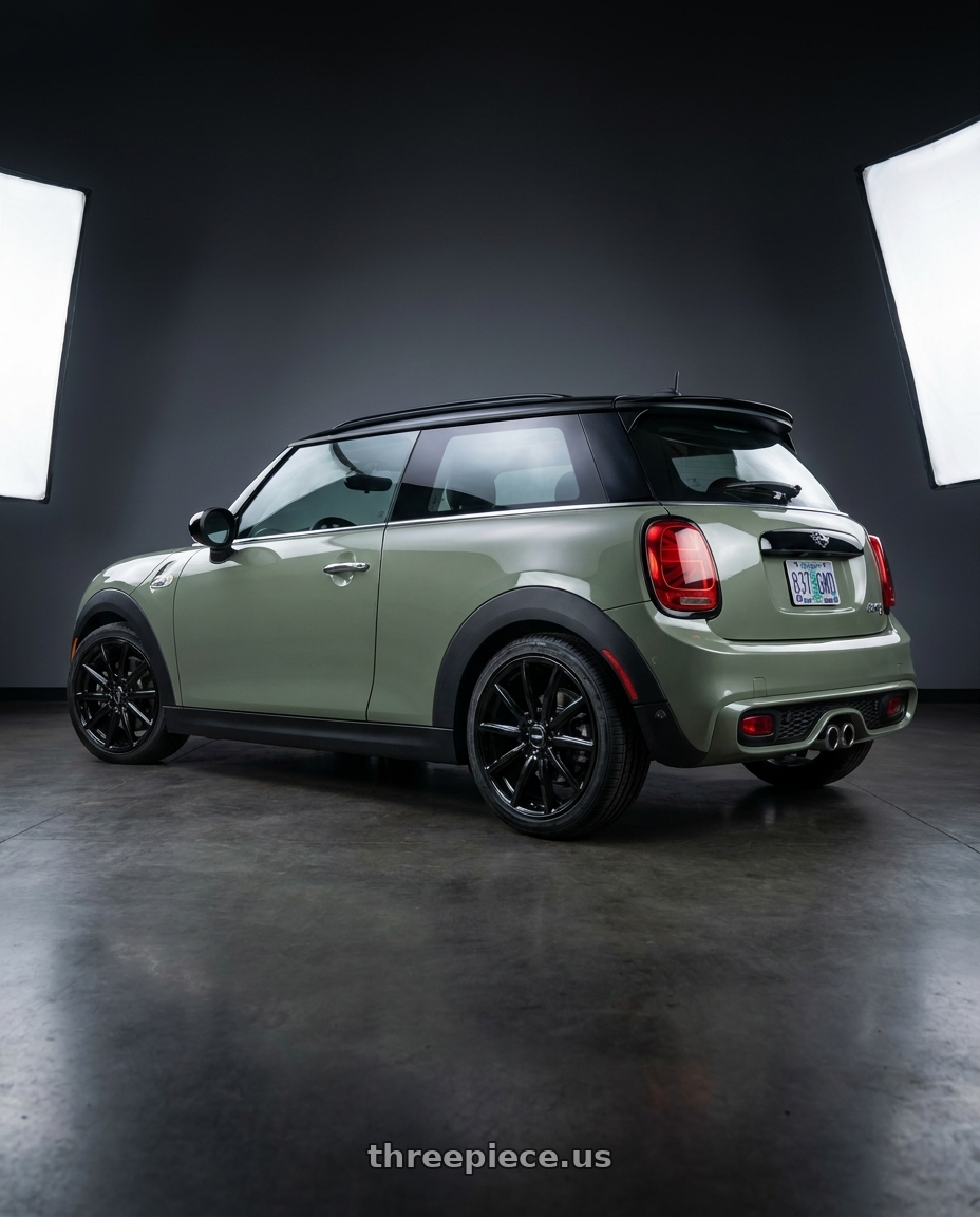 2019 mini cooper S with Enkei Triumph 5x112 18x8+45 Gloss Black wheels rear three quarter view square tires
