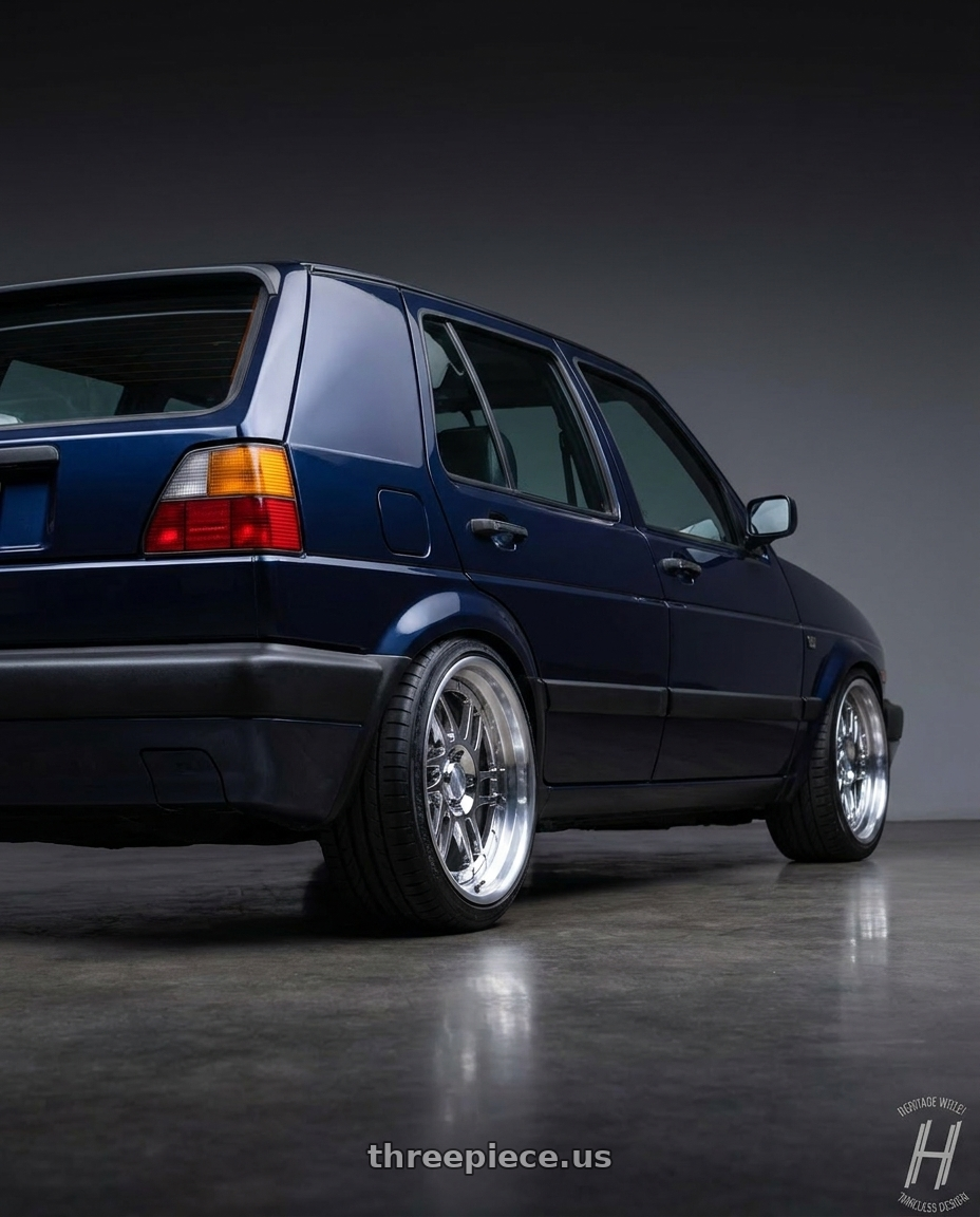 1990 vw golf mk2 hatchback 5 doors , dark blue with Heritage Wheel FORMULA-DIR wheels rear three quarter view square tires