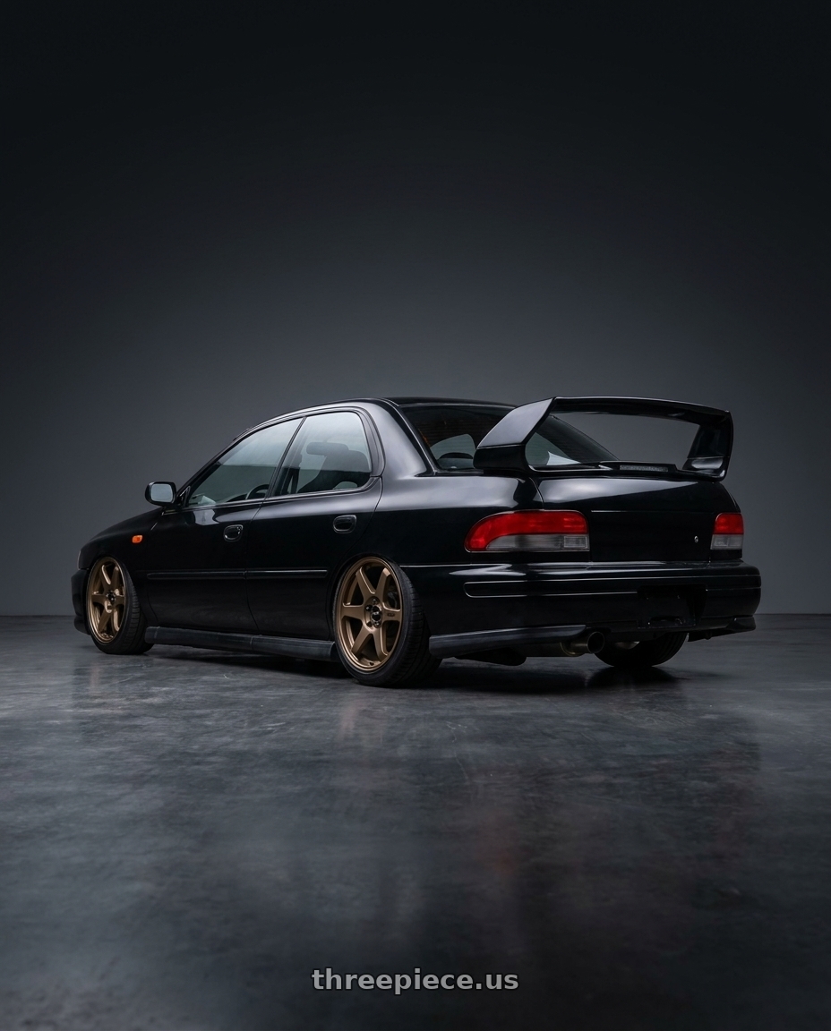 1998 Subaru Impreza GC8 with Enkei T6R 5x100 17x9+45 Matte Bronze wheels rear three quarter view slight stretch tires