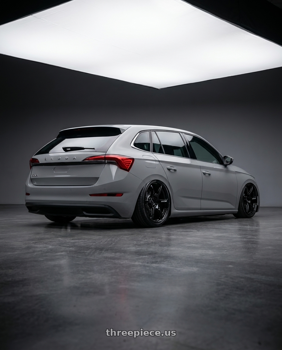 2023 Skoda Scala with Advan RGIII 5x112 19x8.5+45 Gloss Black wheels rear three quarter view slight stretch tires