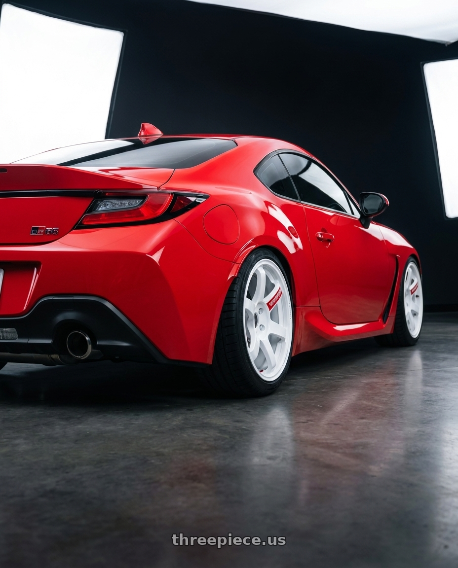 2024 Toyota GR86 Track Red with Volk Racing TE37 SAGA SL 5x114.3 18x9.5 +35 DASH WHITE wheels rear three quarter view square tires