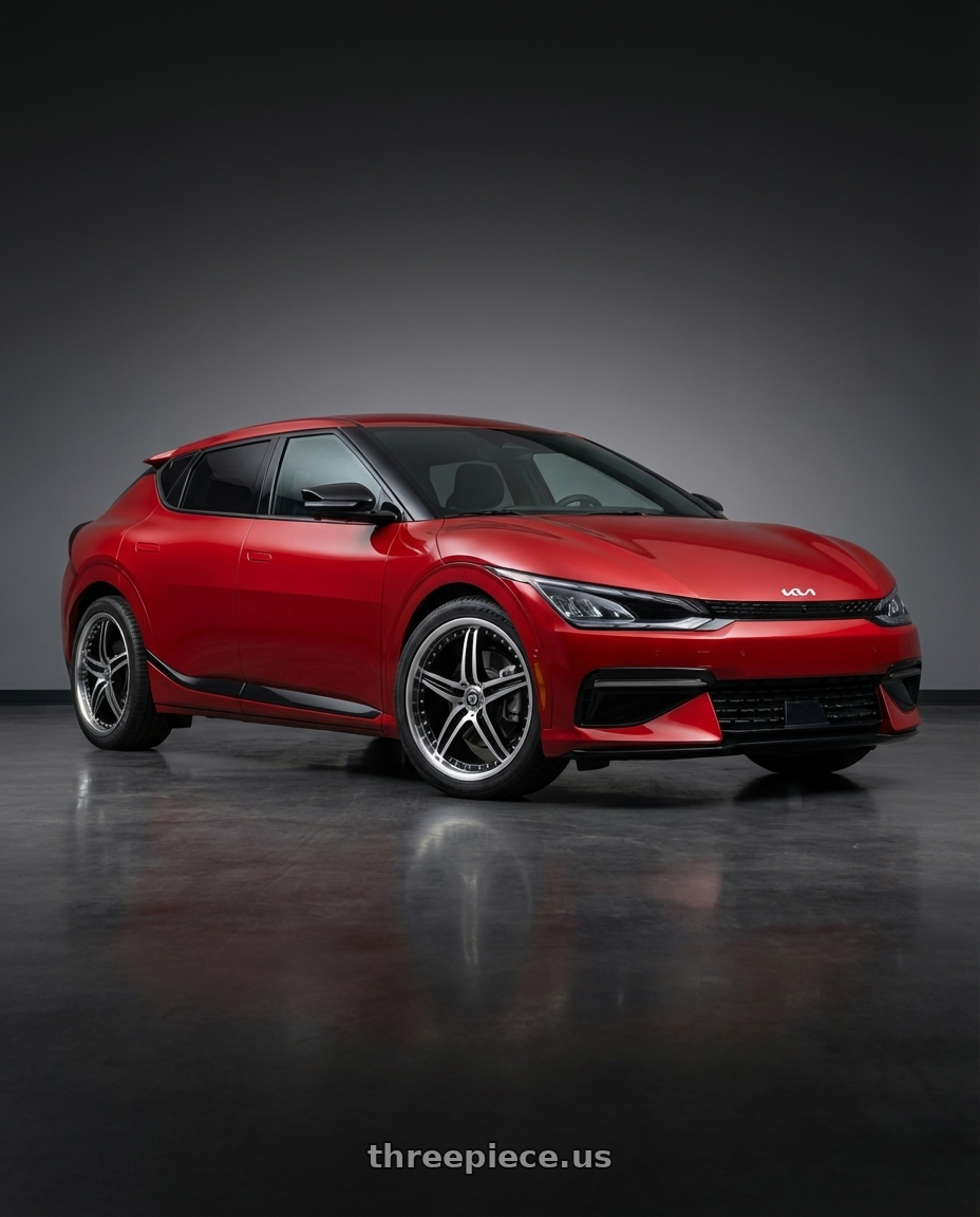 2024 kia ev6 with Motegi MR107 D5S 5X114.3 20X8.5 +42 GLOSS BLACK MACHINED wheels front three quarter view stock stance