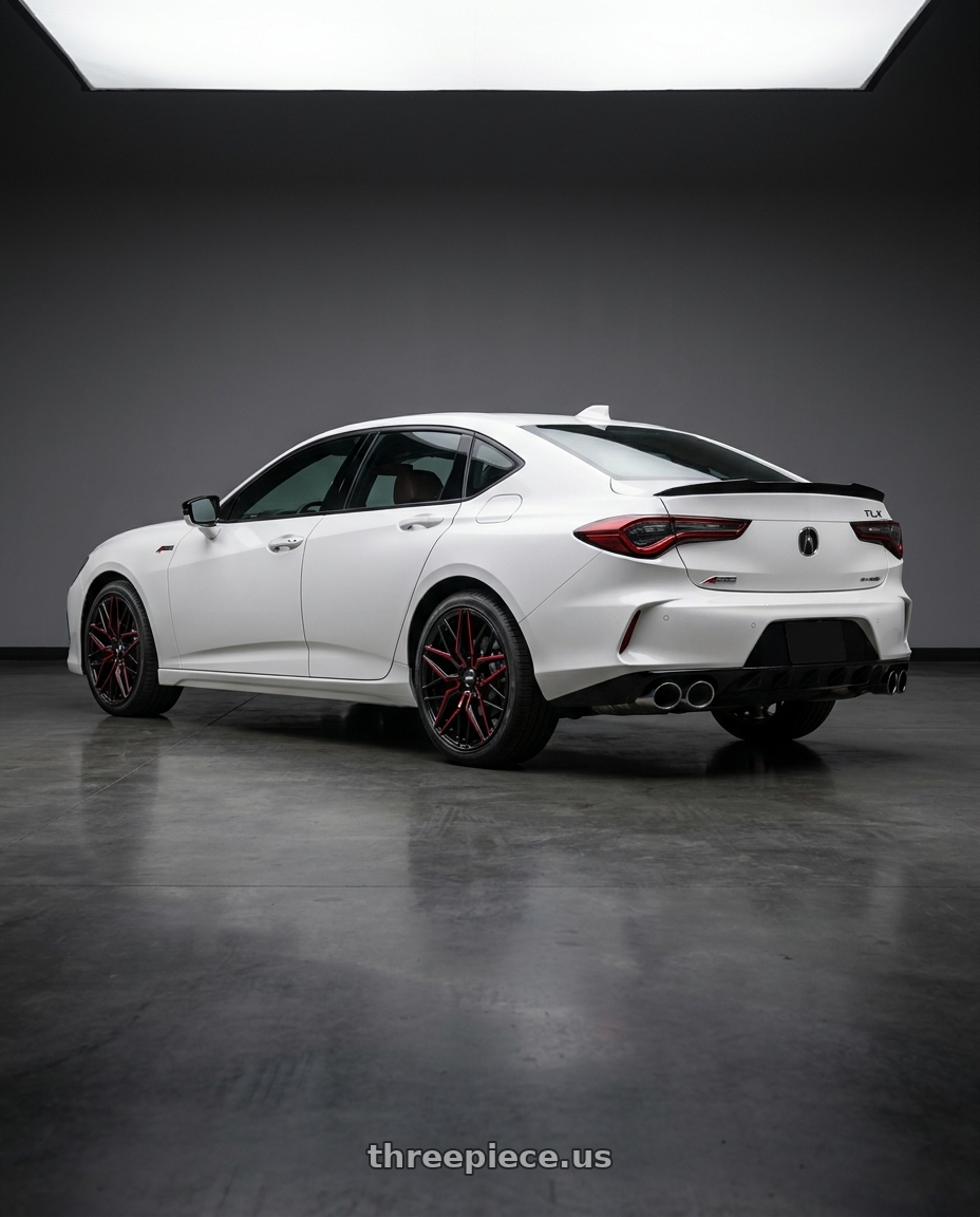 2022 Acura TLX aspec SHawd  with Shift Spring 5x120 20x8.5 +35 Gloss Black Candy Red Milled wheels rear three quarter view square tires