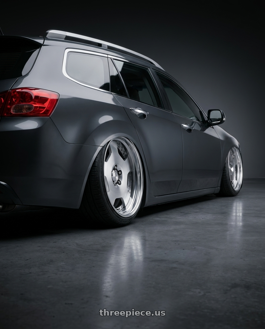 2011 Acura TSX Sportwagon with Work Lanvec Ld1 5x114.3 18x8+22 A Disk Machine Silver Polish wheels rear three quarter view slight stretch tires