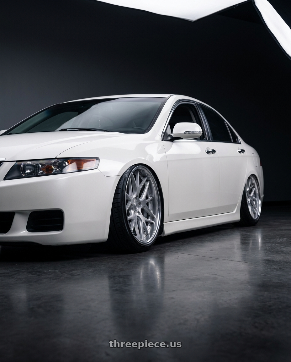2008 Acura TSX white with Work Gnosis Cvx 5x114.3 19x8+45 O Disk Matte Silver wheels