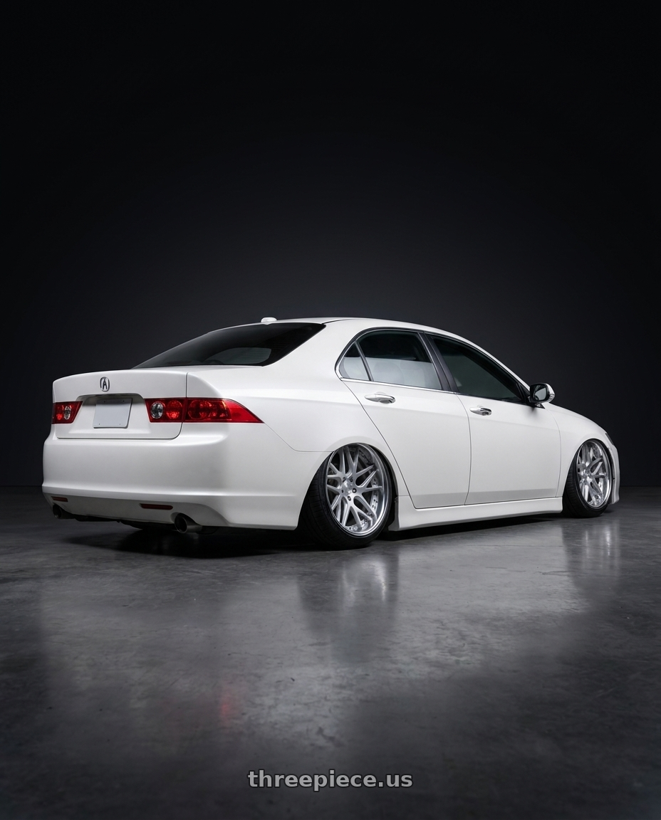 2008 Acura TSX white with Work Gnosis Cvx 5x114.3 19x8+45 O Disk Matte Silver wheels rear three quarter view slight stretch tires