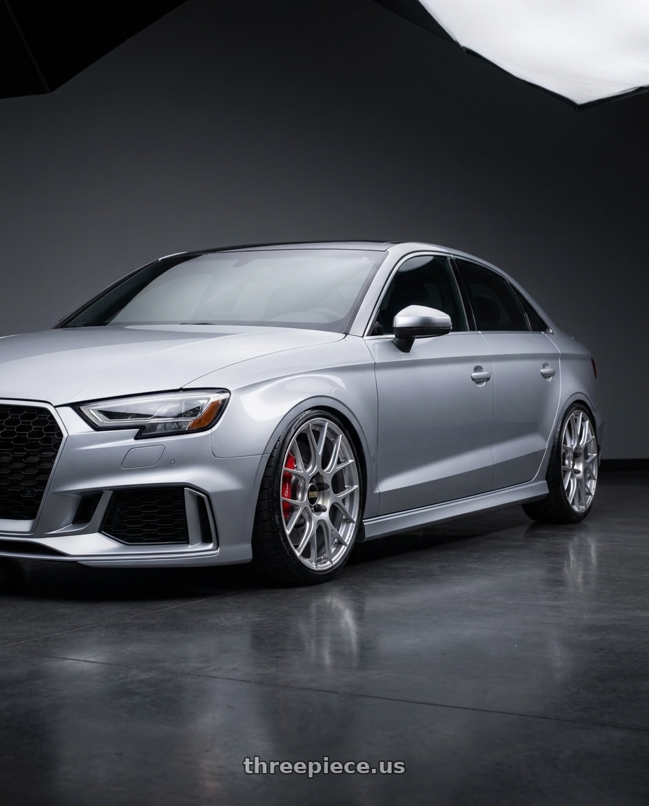 2017 Audi RS3 with BBS RE-V7 5x112 20x9 +30 Diamond Silver wheels front three quarter view lowered stance
