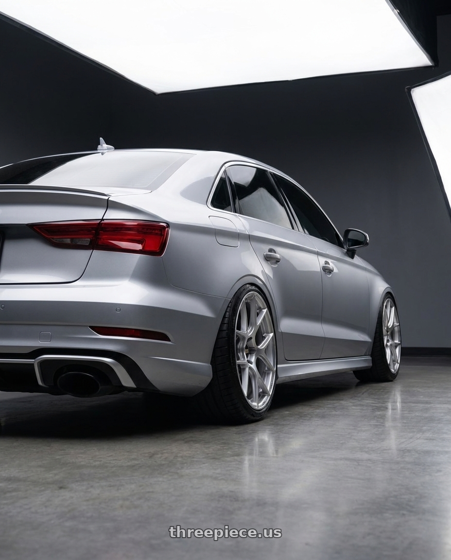 2017 Audi RS3 with BBS RE-V7 5x112 20x9 +30 Diamond Silver wheels rear three quarter view extreme stretch tires