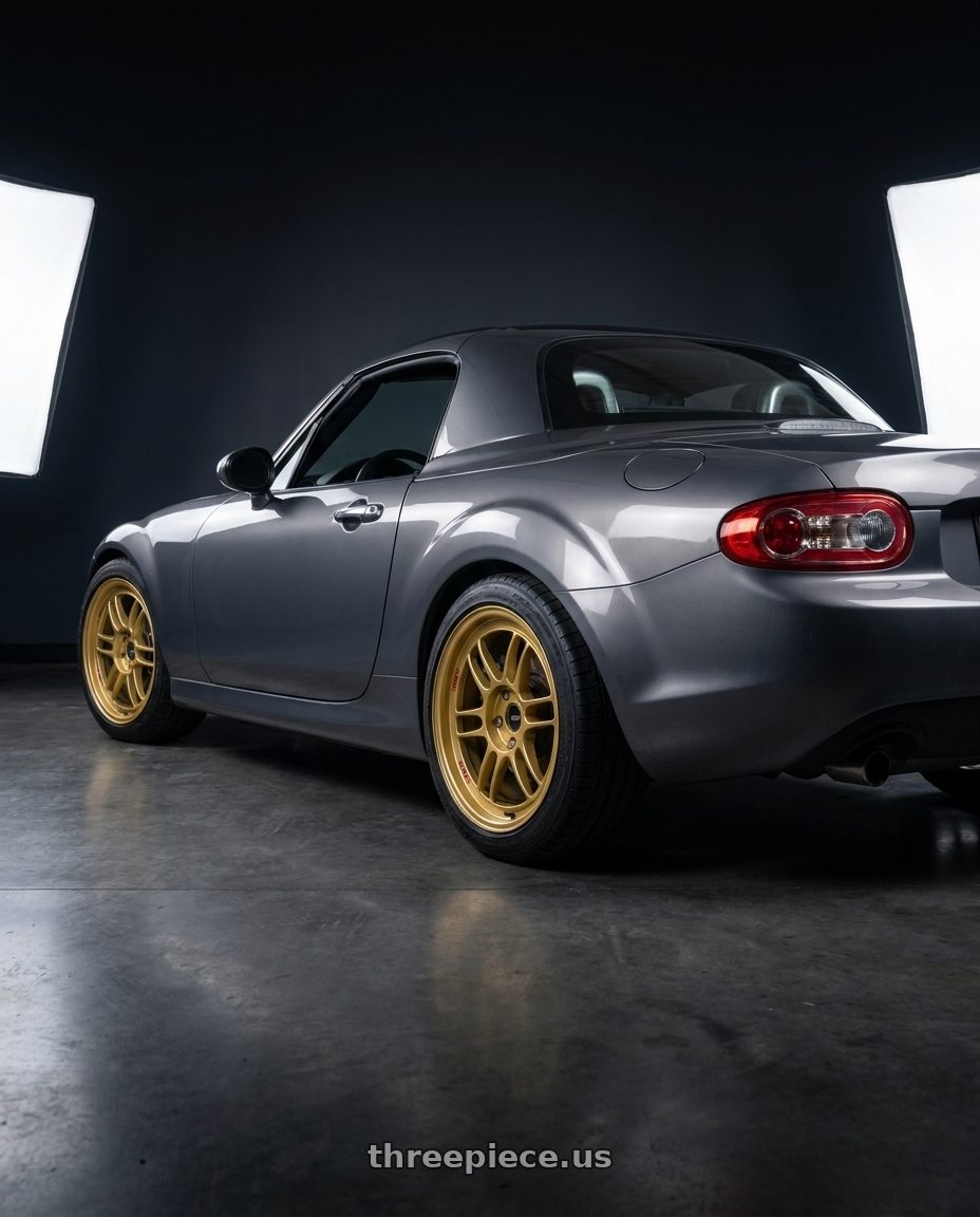 2014 Mazda MX-5 with Enkei RPF1 5x114.3 17x8+45 Gold wheels rear three quarter view square tires