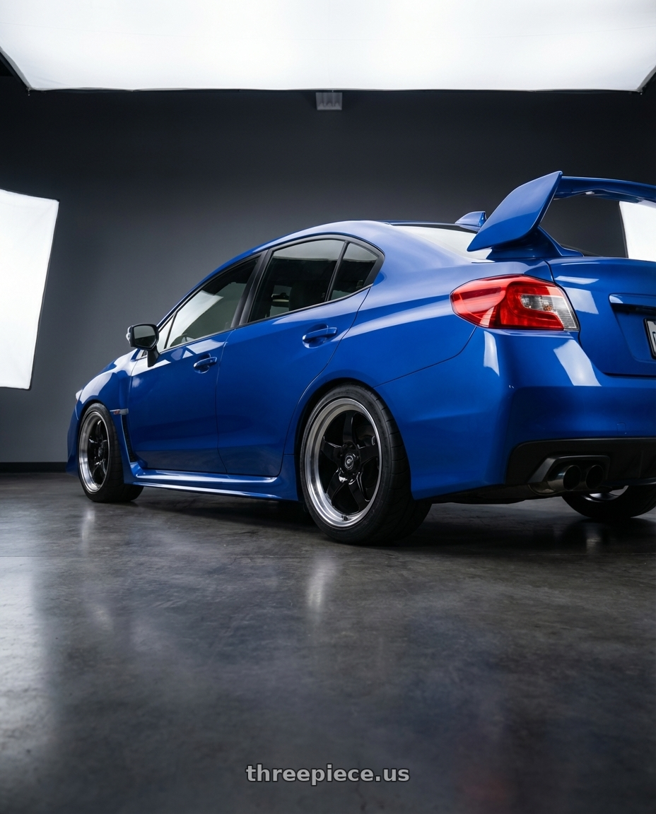 2013 Subaru WRX STI with Forgestar D5 Drag 5x114.3 18x10 +42 Gloss Black Machined wheels rear three quarter view square tires