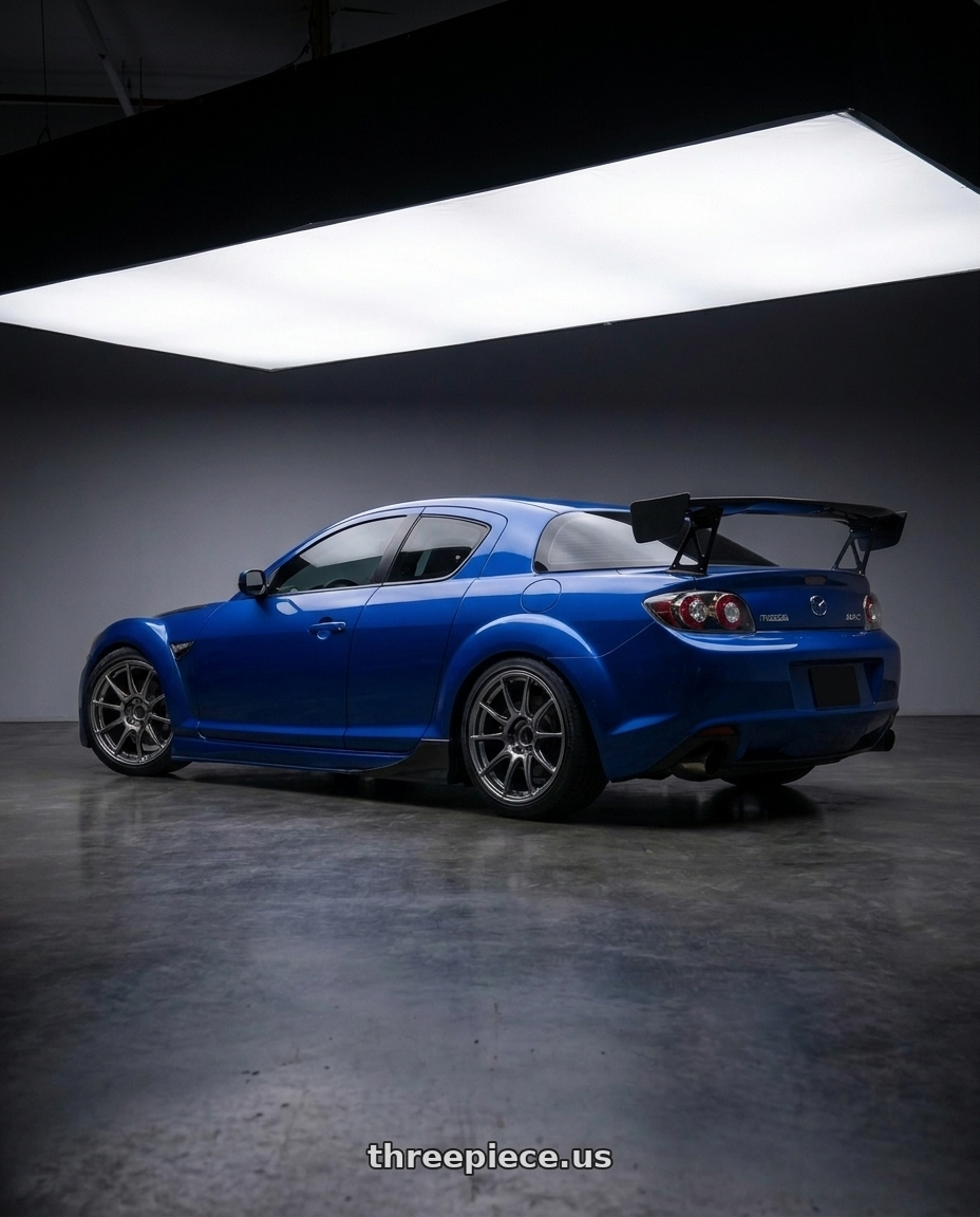 2010 mazda rx8 with Ssr Gtx01 5x114.3 18x8.5+38  DARK SILVER wheels rear three quarter view square tires