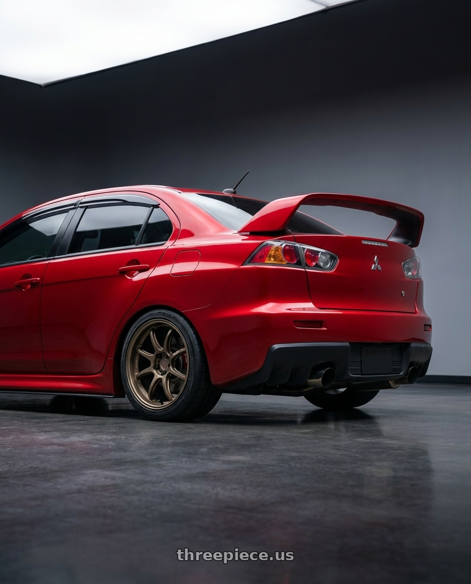 2015 Mitsubishi Laver Evolution X with Work Emotion D9r 5x114.3 18x8.5 +32 Matte Bronze wheels rear three quarter view square tires