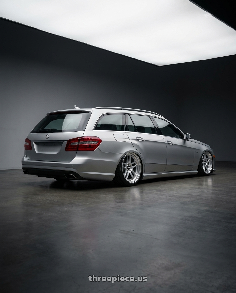 2010 Benz s212 with Rotiform RC205 PMF 5X120 20x8.5 +35 GLOSS SILVER wheels rear three quarter view square tires