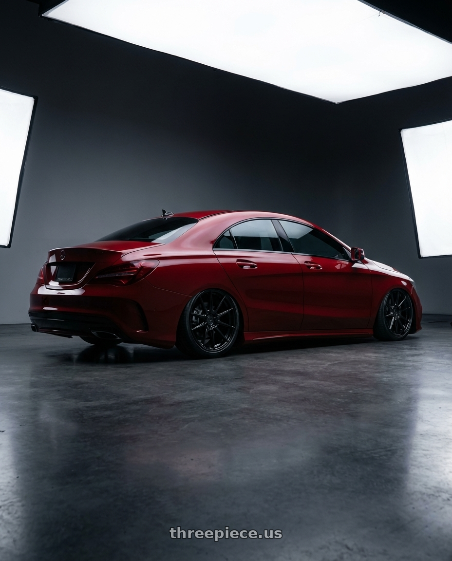 2018 Mercedes-Benz CLA C117 with Avant Garde Wheels M520R 5X112 19x9.5 +40 Gloss Black wheels rear three quarter view slight stretch tires