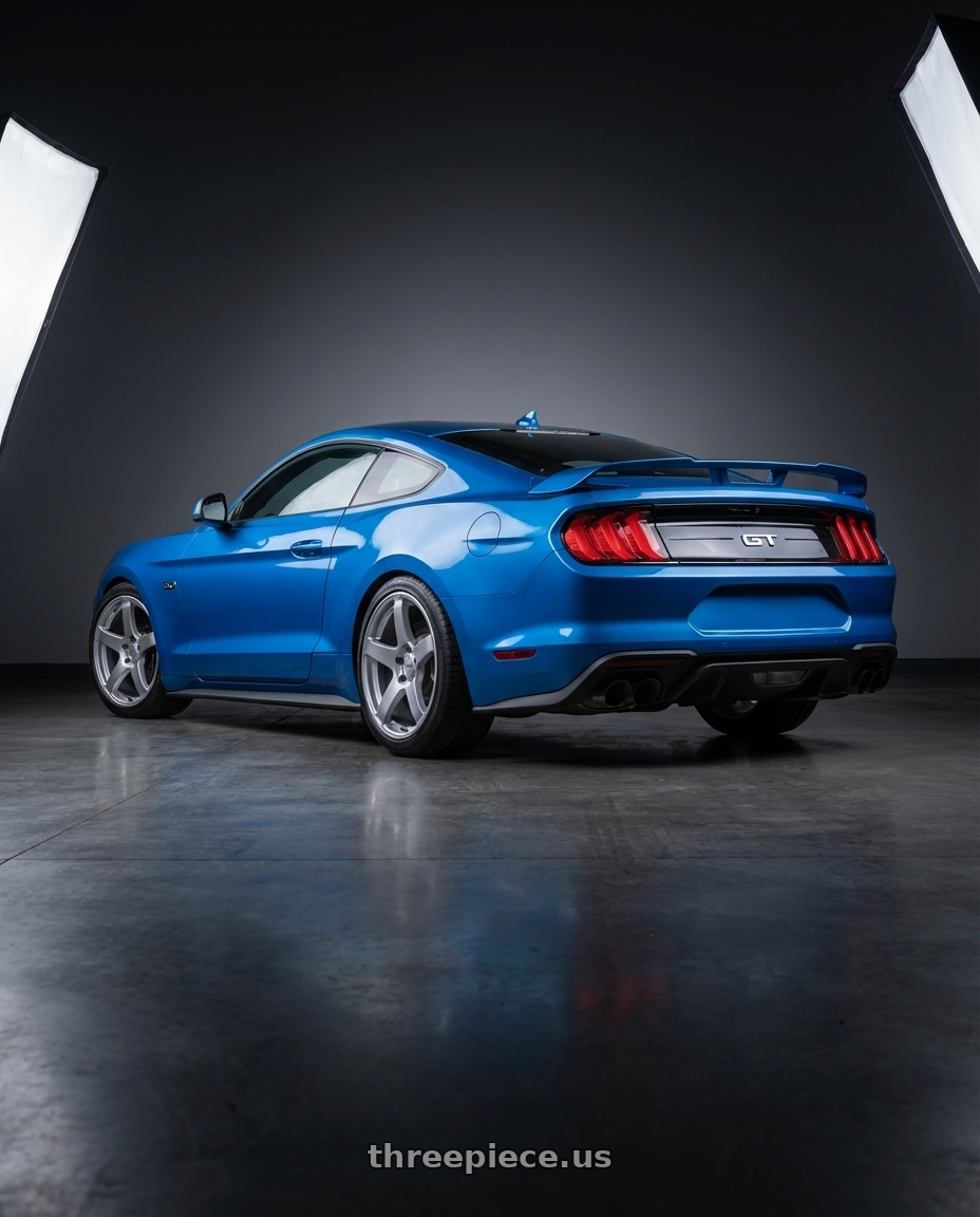 2022 Ford Mustang GT with Ssr Gtv01 5x114.3 19x8.5+38  GLARE SILVER wheels rear three quarter view square tires