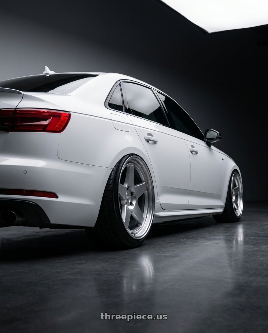 2019 Audi s4 with Kansei K12H KNP 5X100 17x9 35 Hyper Silver wheels rear three quarter view extreme stretch tires
