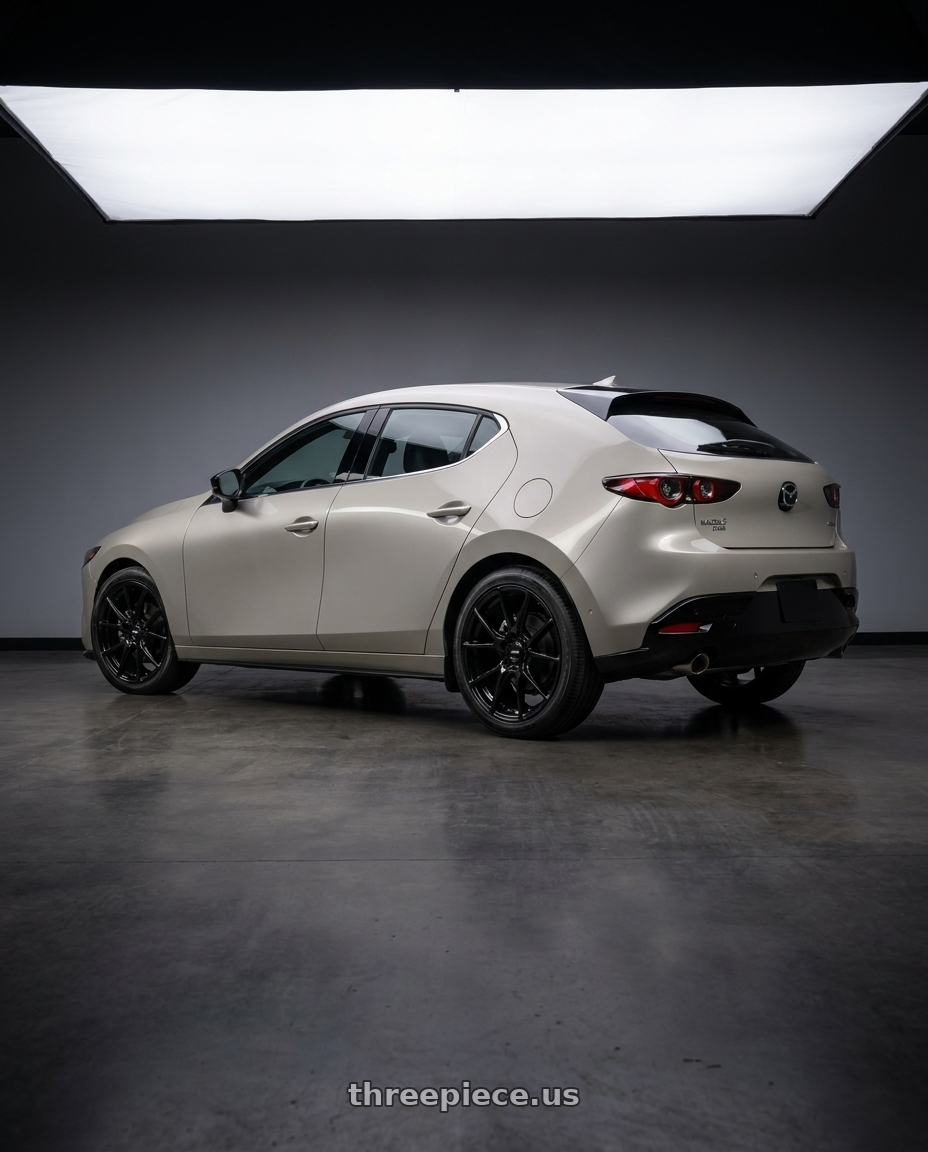 2024 Mazda 3 Turbo Premium with Enkei TS-V 5x114.3 18x8.5+38 Gloss Black wheels rear three quarter view square tires